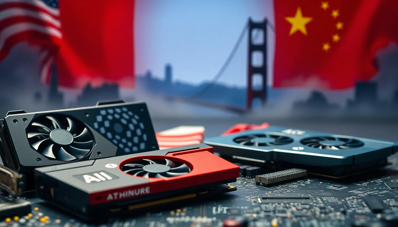 AI commercio potere globale — mappa satellitare con bandiere USA e Cina
